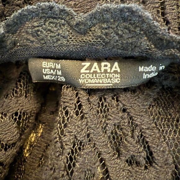 Zara Scalloped Trim Sheer Lace Unlined Quarter Sleeve Blouse Black Medium - Picture 4 of 4